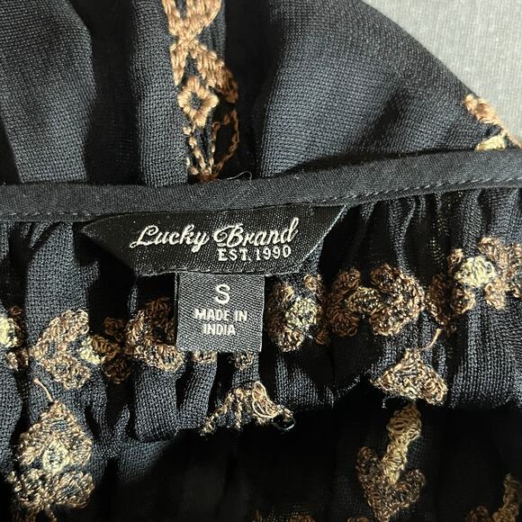 Lucky Brand Top Womens Small Black Gold‎ Embroidered Long Sleeve Sheer Boho - Picture 6 of 9